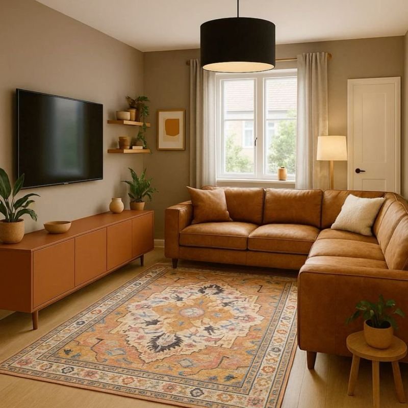 vertical storage shelves in a small apartment living room
