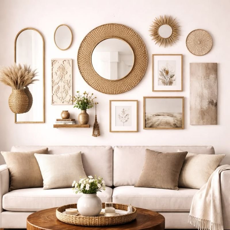 wall decor placement above sofa in living room