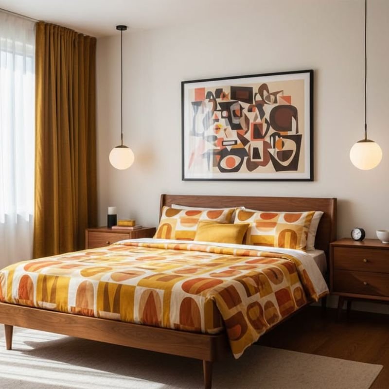 Mid century bedroom with walnut furniture, warm neutral colors, and modern decor