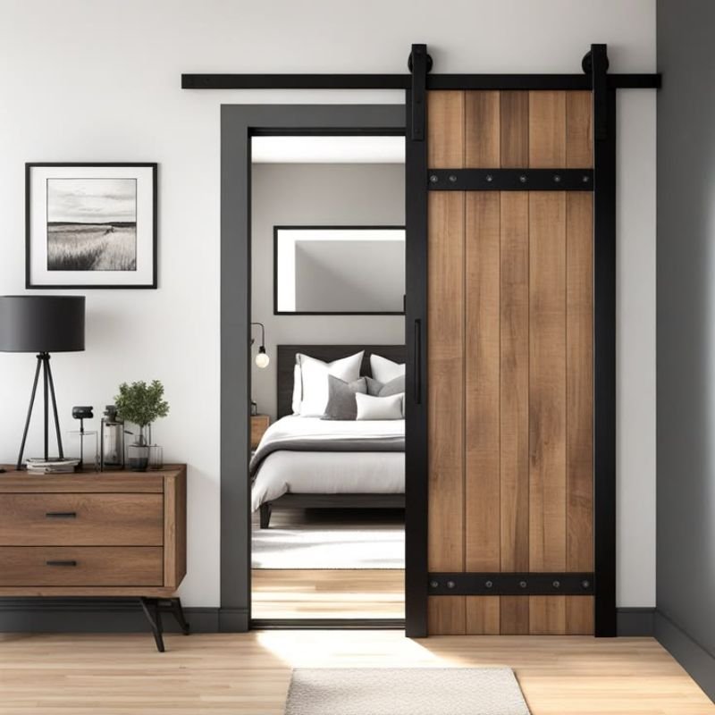 Space saving sliding barn door in small home interior
