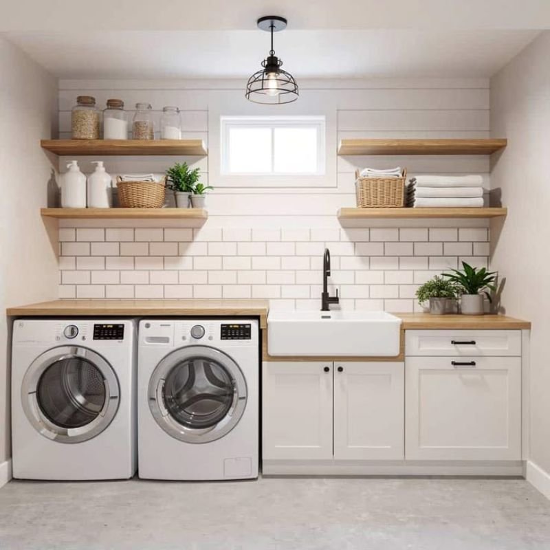 Floating Shelves Above Washer and Dryer in Small Laundry Room