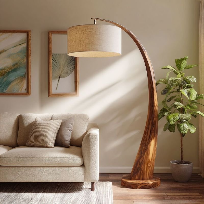 Curved lighting fixture above a contemporary sofa