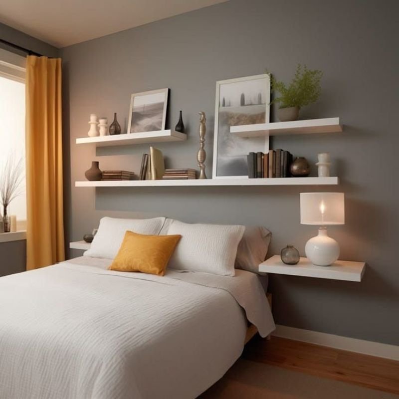 Bedroom wall shelf used as a bedside storage solution
