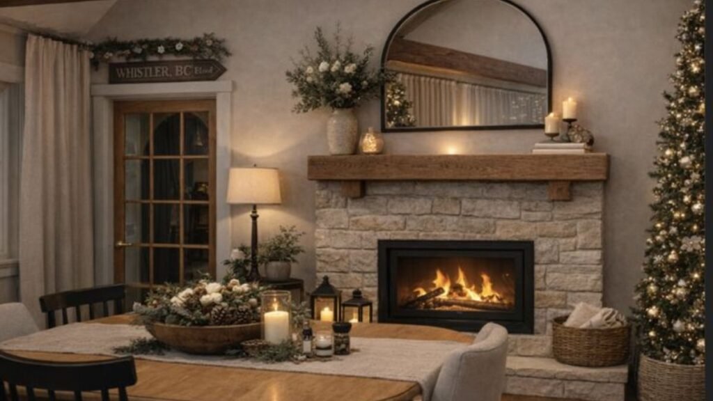 Bedroom fireplace styled with framed art and candles