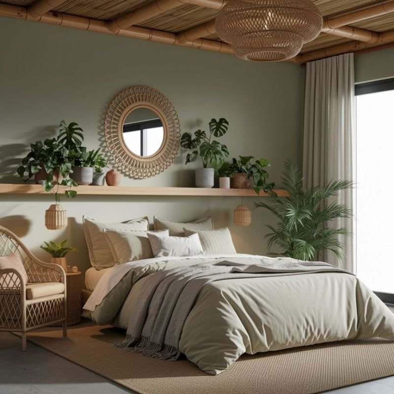 Bohemian bedroom with woven wall hanging and indoor plants