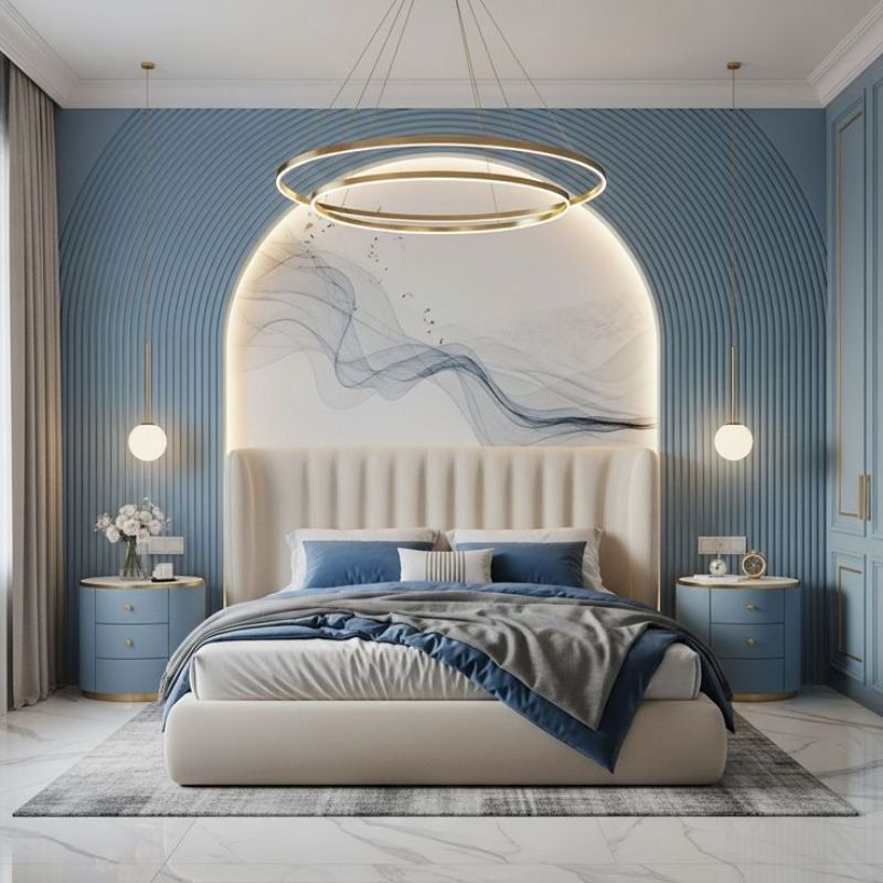 Bedroom color palette with soft blue and beige tones