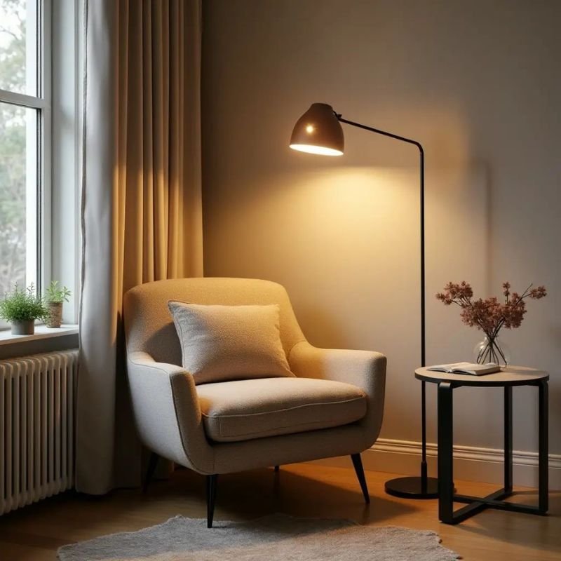 Comfortable reading nook with an adjustable floor lamp