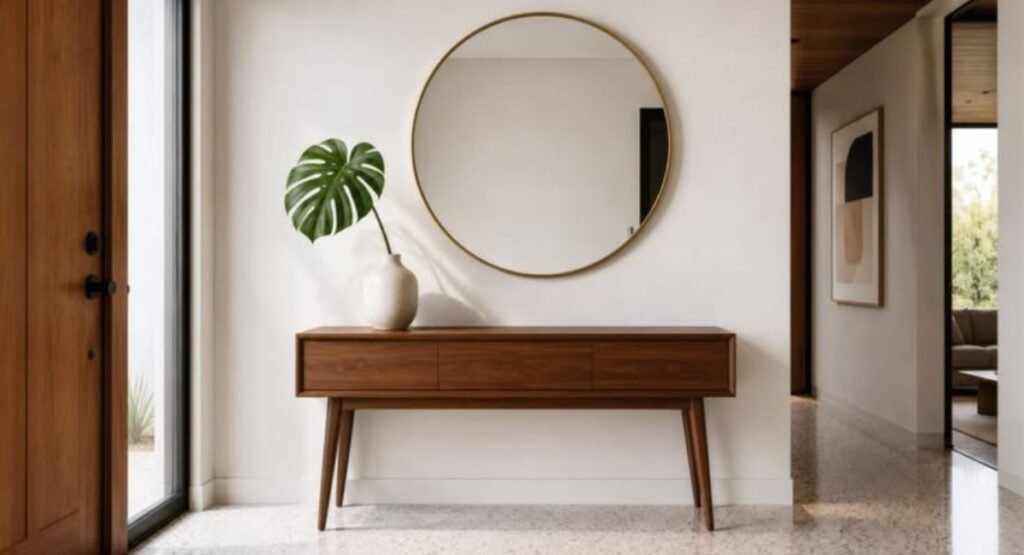 Decorative mirror and table lamp in hallway
