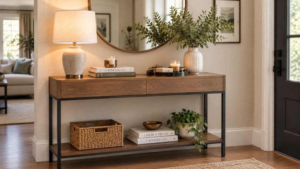 Styled console table with lamp and decorative accessories