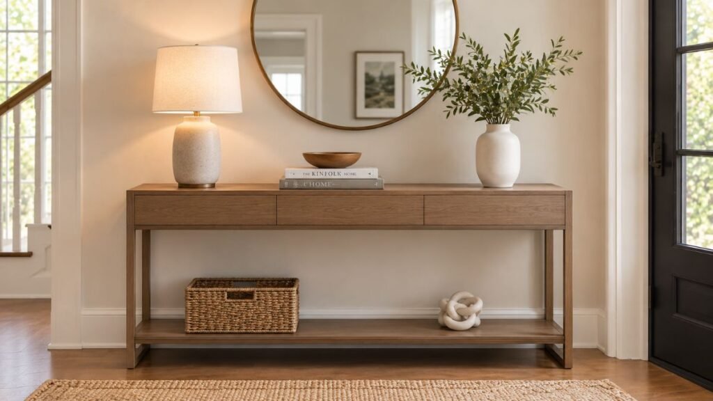 Balanced home decor arrangement with open space