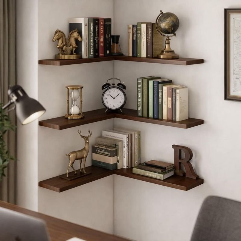 Corner storage unit in a small bedroom
