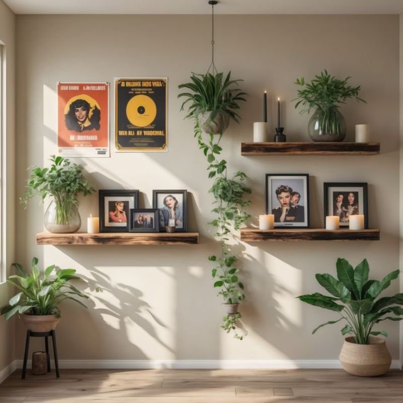 Wall shelf decorated with plants, books, and framed artwork