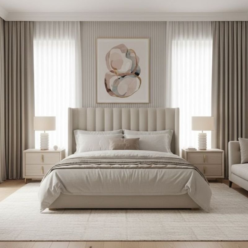 Elegant floor lamp beside a bedroom nightstand