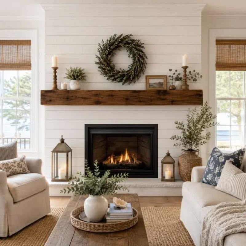 Farmhouse mantel with greenery and vintage lanterns