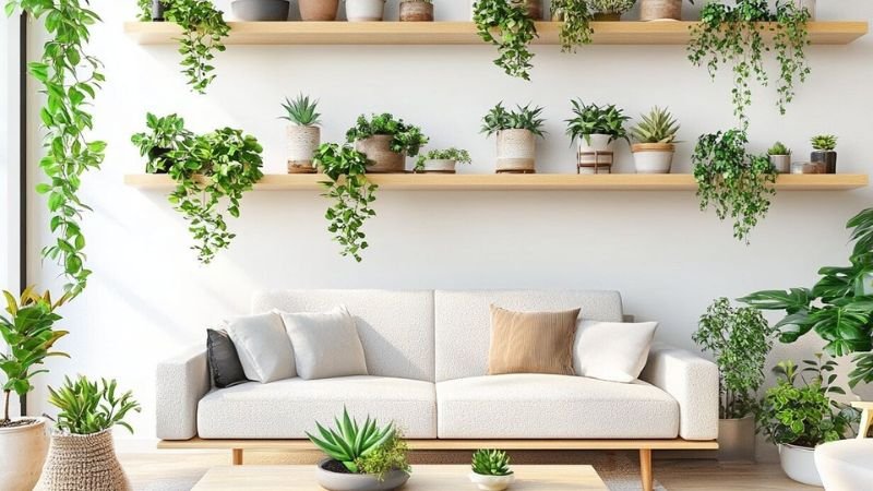Wooden floating shelf with books and indoor plants