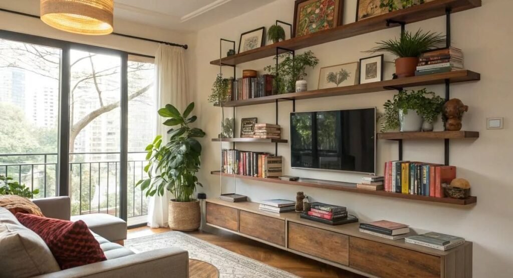 Floating shelves with books and indoor plants