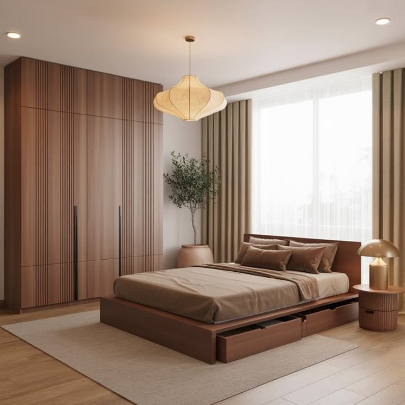 Modern wooden bed frame with upholstered headboard
