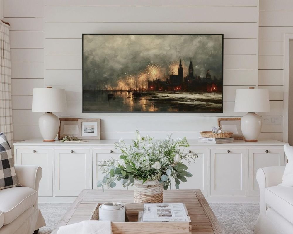 Gallery wall with framed artwork around a mounted television