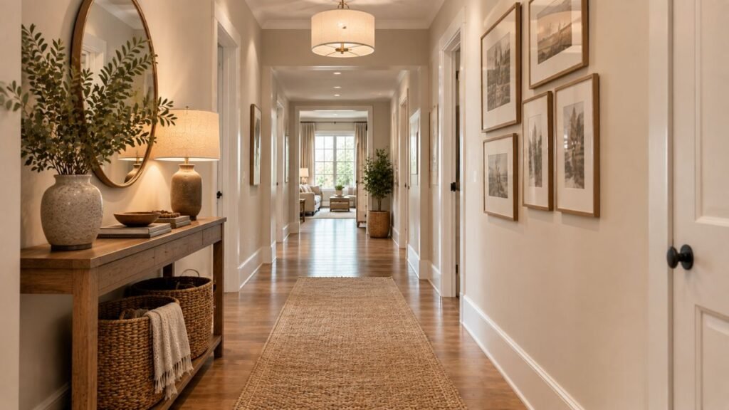 Neutral runner rug over warm wood flooring