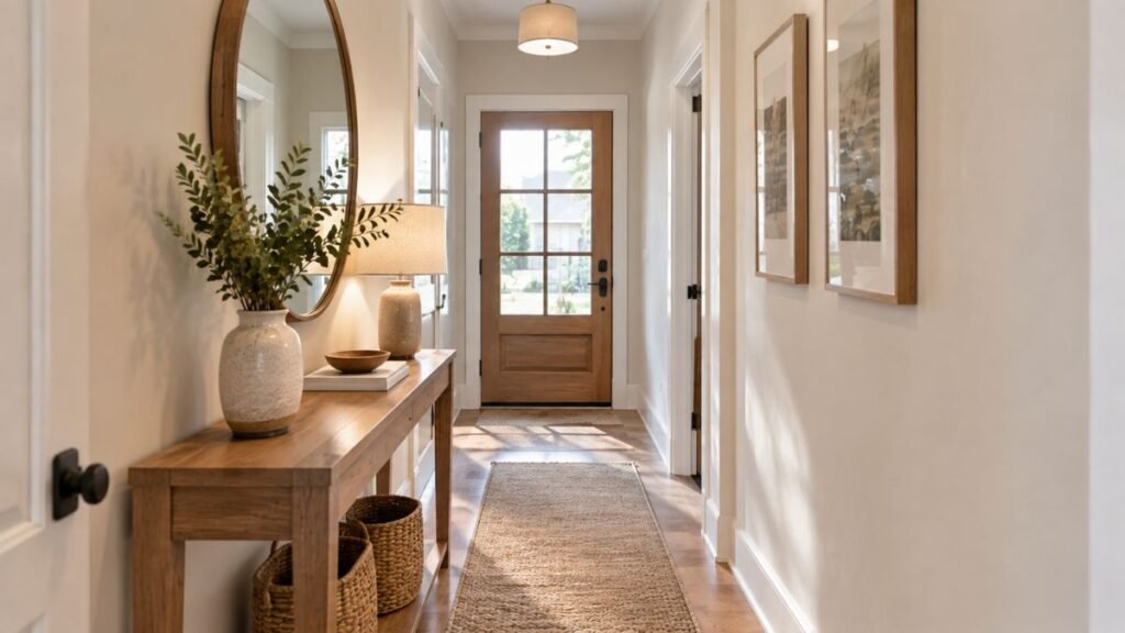 Round mirror in a small hallway entryway