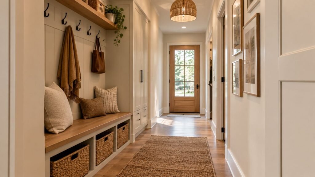 Hallway storage bench with baskets and wall hooks