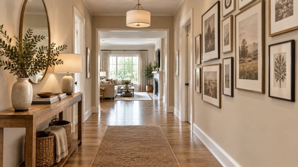 Gallery wall and artwork in a stylish hallway