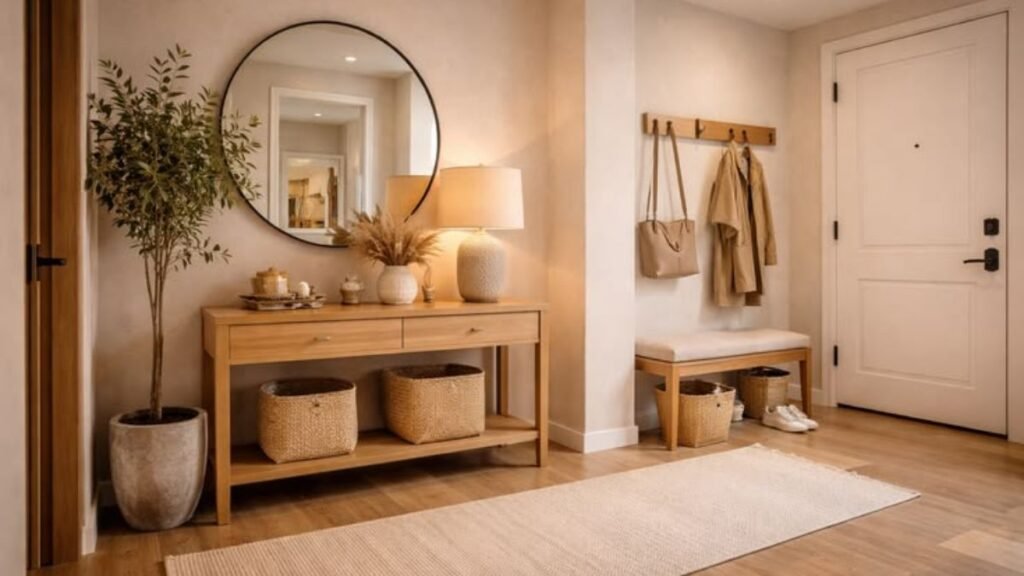 Hallway storage ideas with console table hooks and storage bench