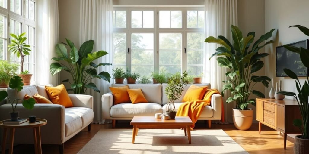 Living room combining modern and bohemian elements