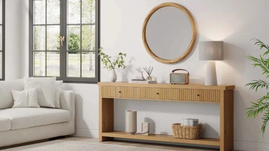 Console table with round mirror and wall art