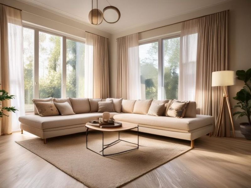 Cozy living room with warm evening lighting