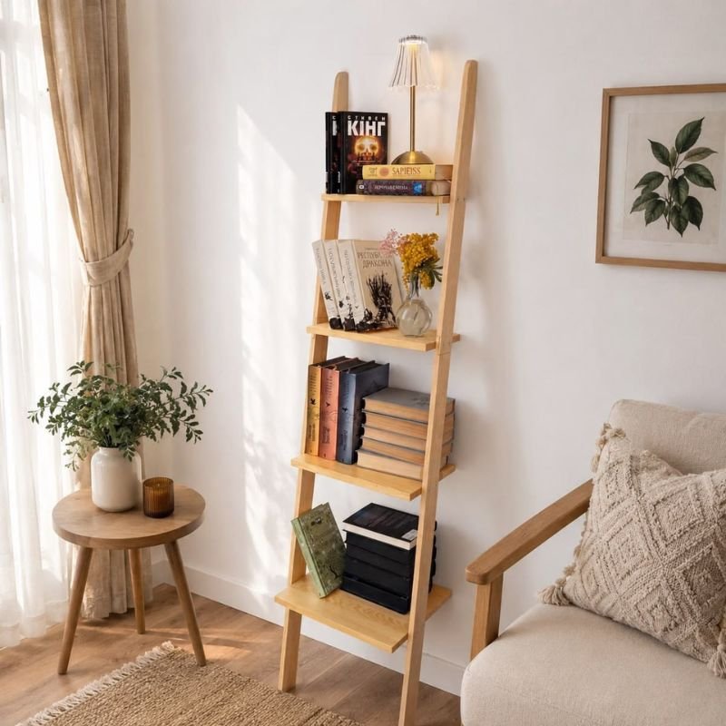 Wooden ladder display shelf with decorative items