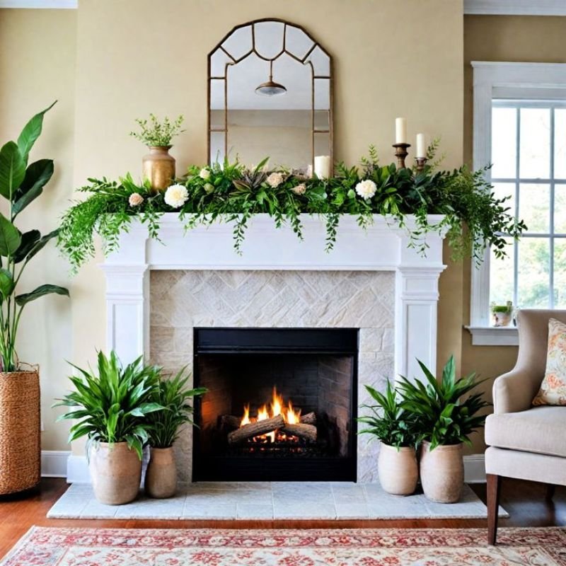 Decorative mantel featuring mirror, vases, and candles
