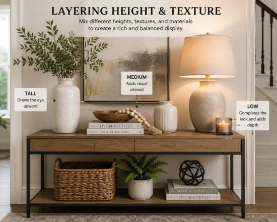  Layered vase, books, and candle arrangement
