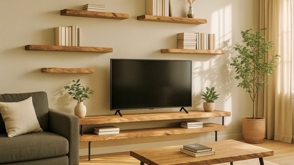 Modern floating shelves above a living room sofa