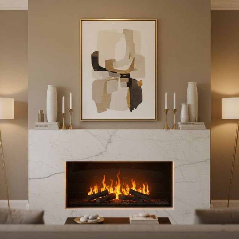 Contemporary living room featuring a sleek electric fire
