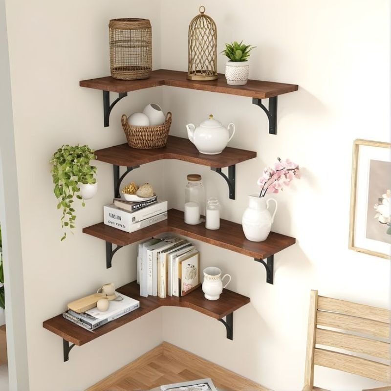 Rustic wooden wall shelf in a farmhouse living room