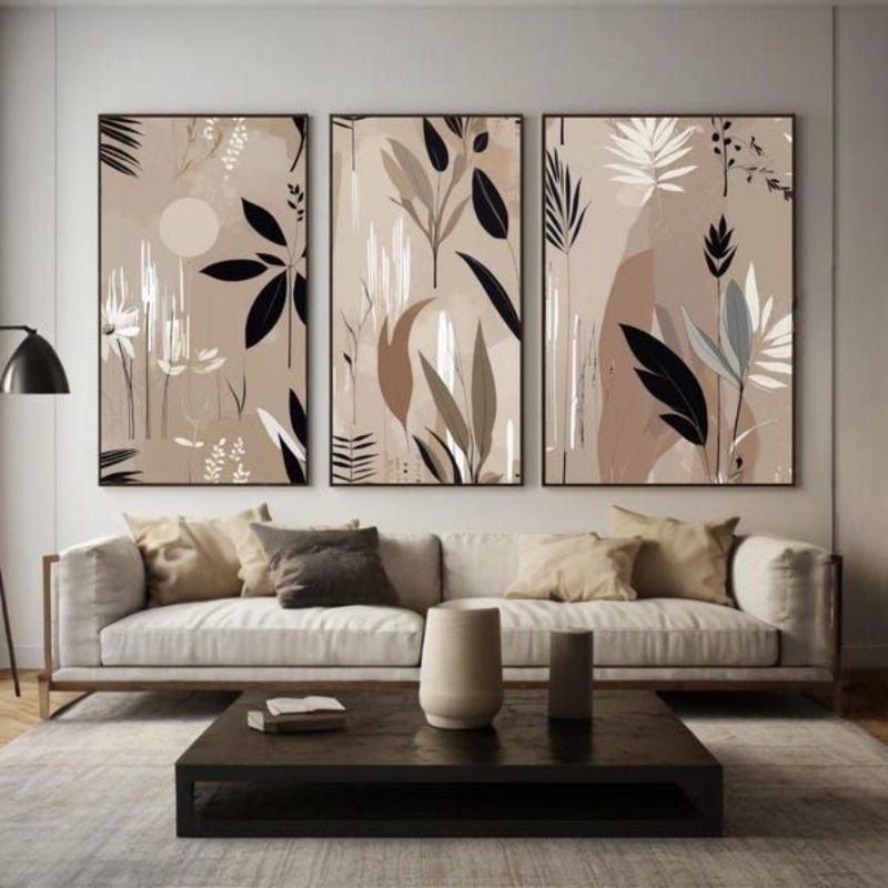 Different styles of canvas wall art including abstract botanical and photography prints