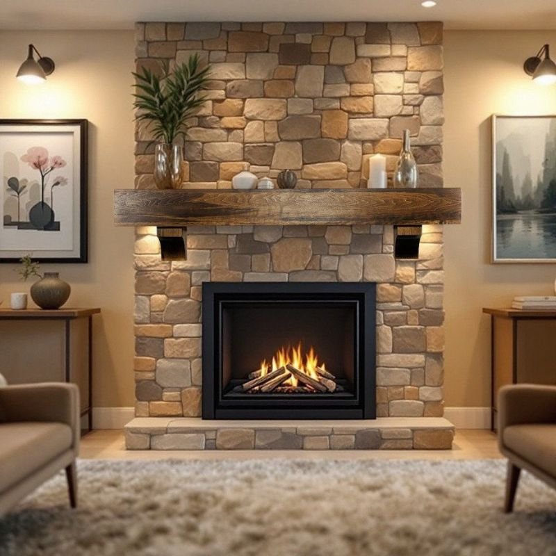 Rustic stone hearth with reclaimed wood beam