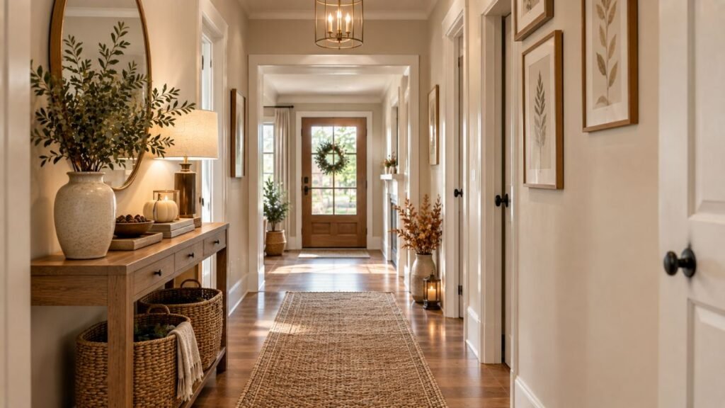 Simple seasonal decorations on an entryway console