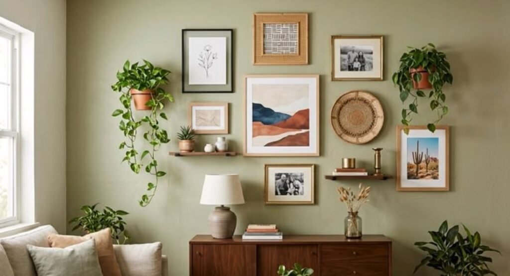 Eclectic wall display with mixed artwork