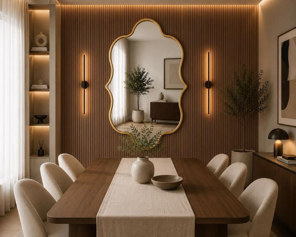 Large decorative mirror beside a wall-mounted TV