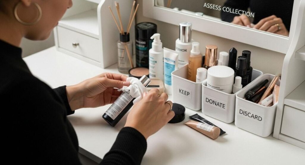 bathroom products sorted into keep donate and toss piles
