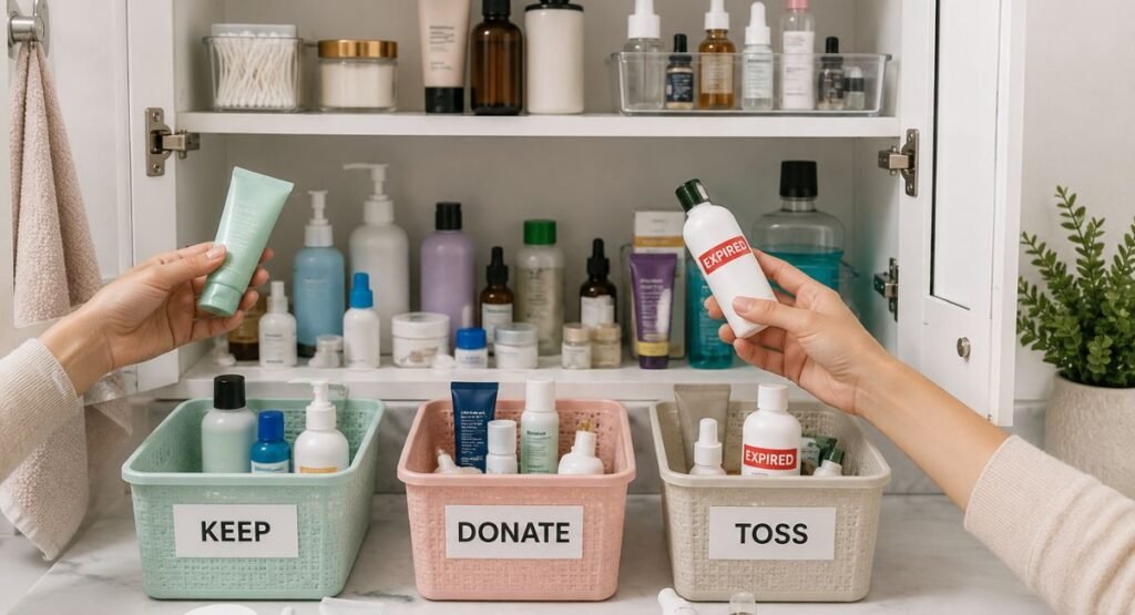 decluttering bathroom cabinet by removing expired toiletries and duplicate products