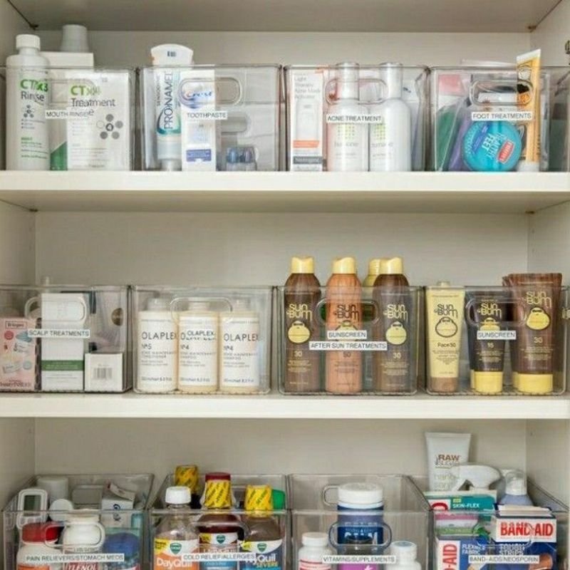 categorized bathroom cabinet storage bins for toiletries