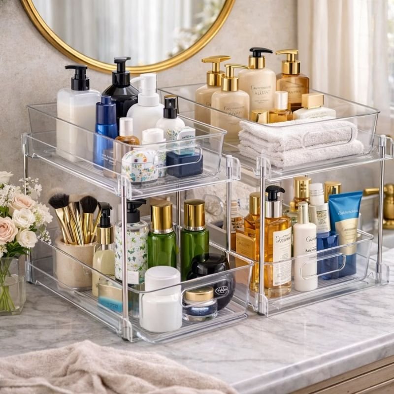bathroom cabinet using stackable shelves for vertical storage