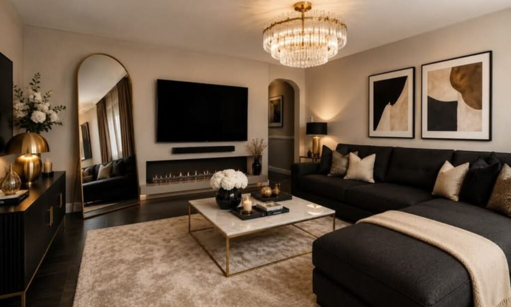 Living room interior with neutral furniture