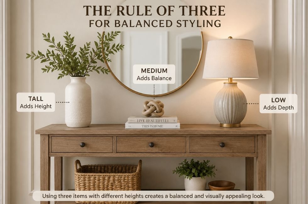 Console table decor styled using the rule of three
