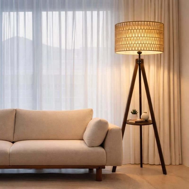 Wooden three-leg lighting fixture in Scandinavian interior