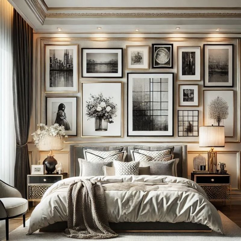 Bedroom wall decor with framed artwork and mirror