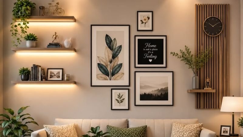 Modern wall shelves decorating a stylish living room